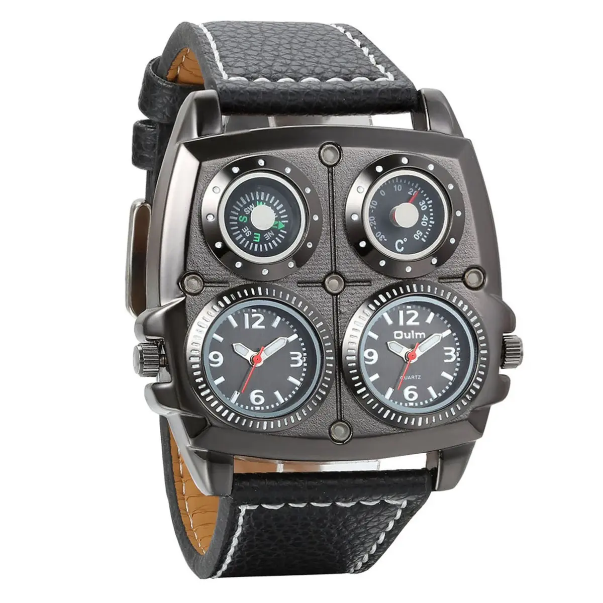 Avaner Men's Steampunk Dual Time Zone Leather Watch 5.1cm (2") Square Case | Dual Quartz Movement - main product image
