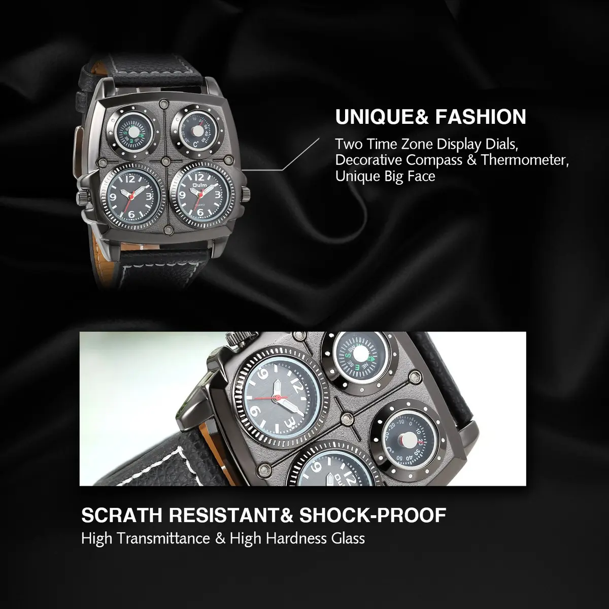 Avaner Men's Steampunk Dual Time Zone Leather Watch 5.1cm (2") Square Case | Dual Quartz Movement - view 5