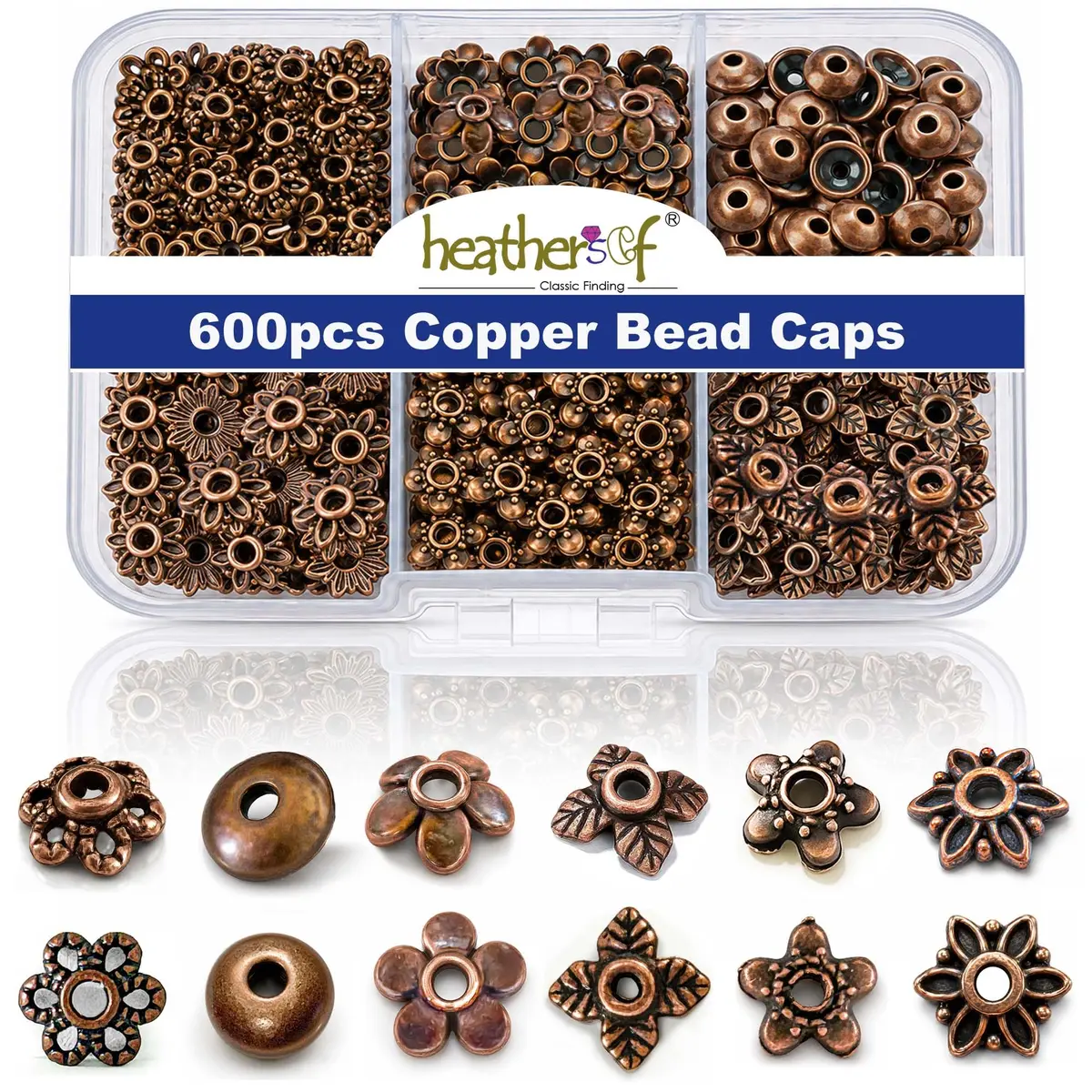 Heather's cf 600PCS Mixed Copper Metal Bead Caps for Jewelry Making, 6mm Flower Bead Caps Fit 8-10mm Beads - main product image
