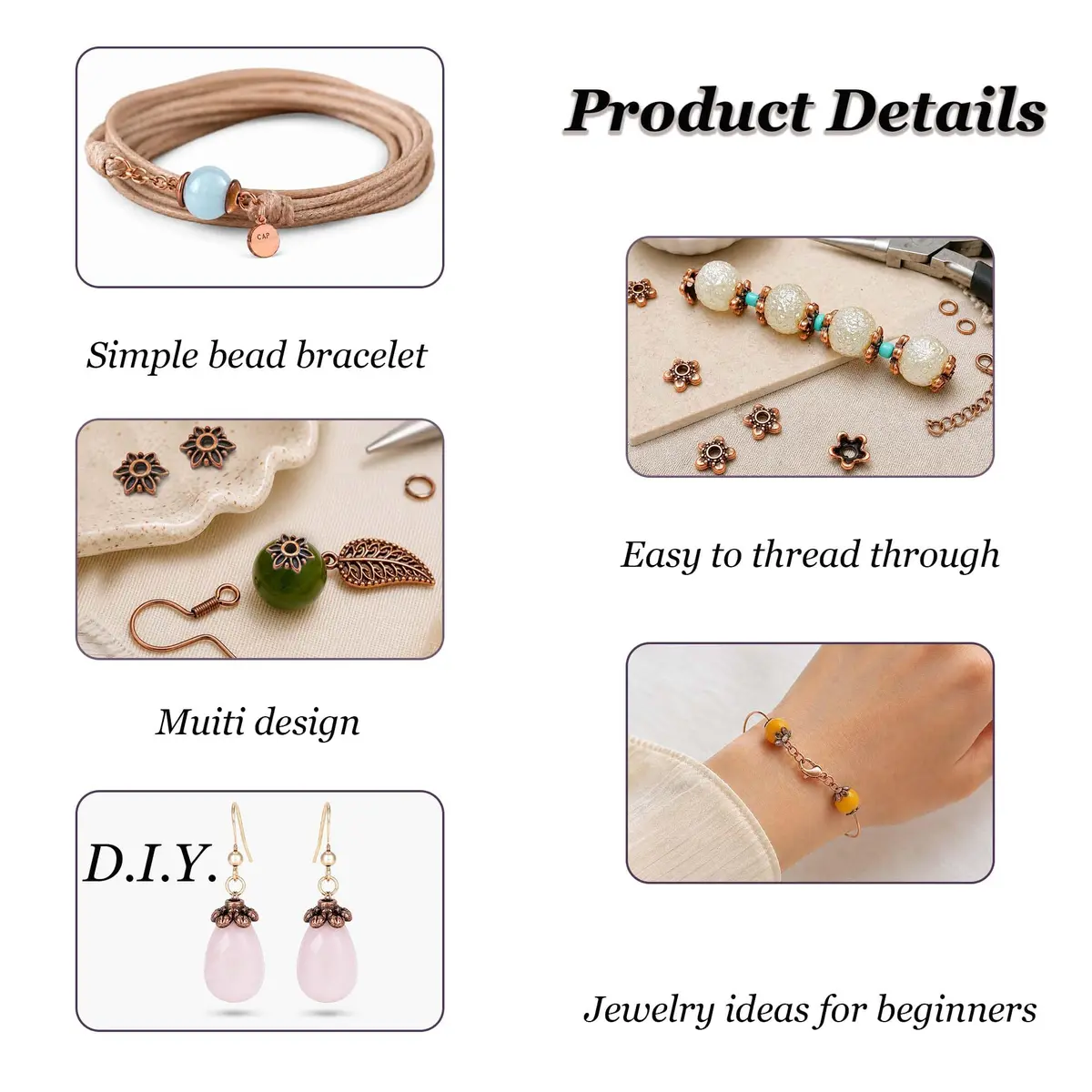 Heather's cf 600PCS Mixed Copper Metal Bead Caps for Jewelry Making, 6mm Flower Bead Caps Fit 8-10mm Beads - view 5