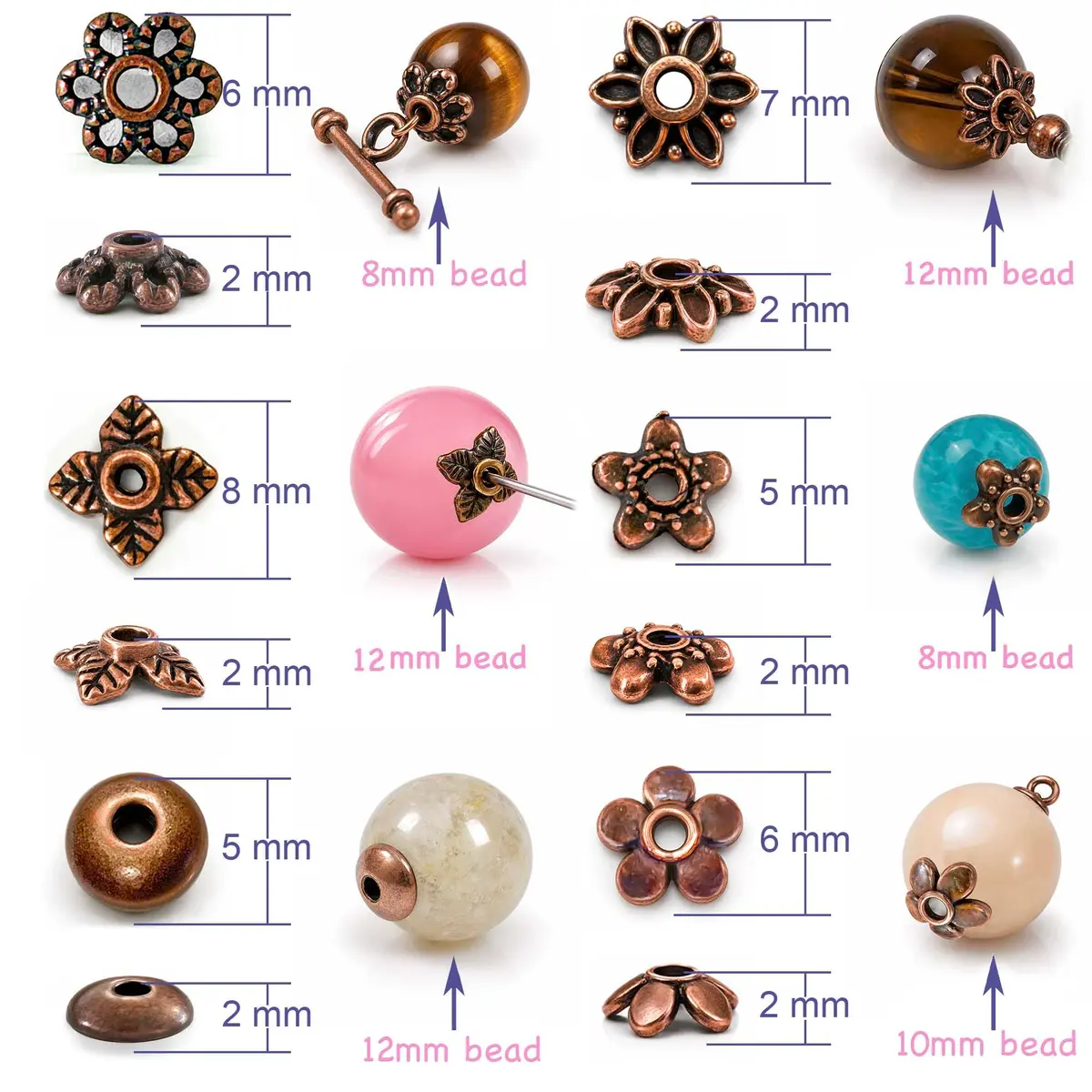 Heather's cf 600PCS Mixed Copper Metal Bead Caps for Jewelry Making, 6mm Flower Bead Caps Fit 8-10mm Beads - view 3