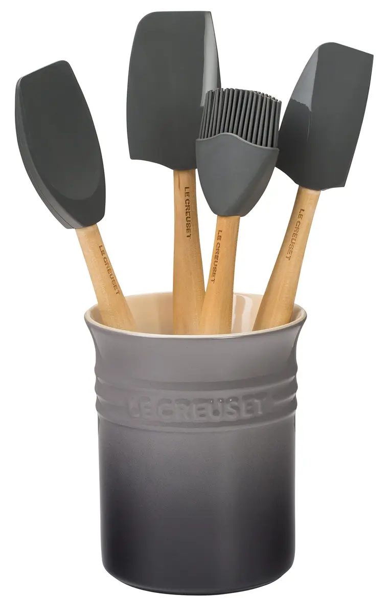 Le Creuset Stoneware & Silicone Utensil Crock Set with 3 Spatulas & Basting Brush, Oyster - main product image