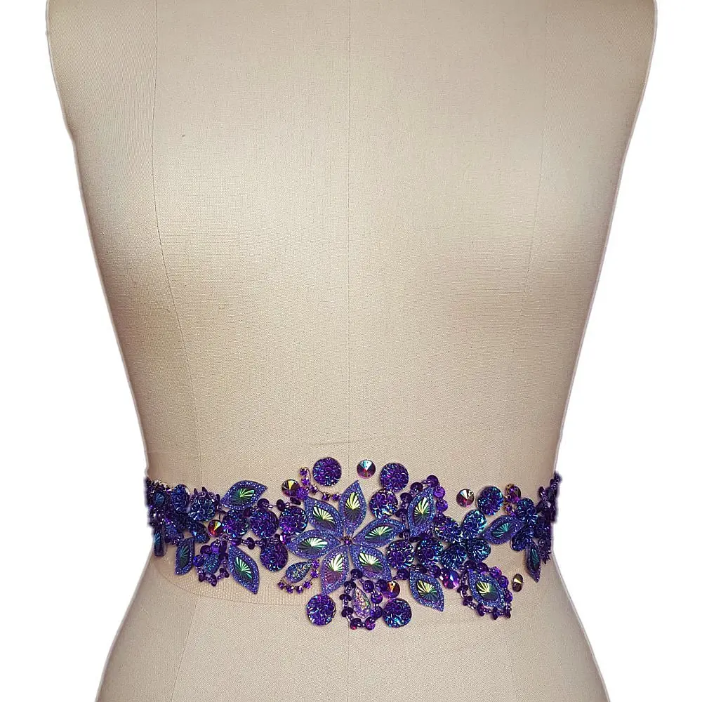 succi shan Fabric Applique Patch 3.9x14.2 inches | Bright Crystal Embroidered Floral Rhinestone Patch - main product image
