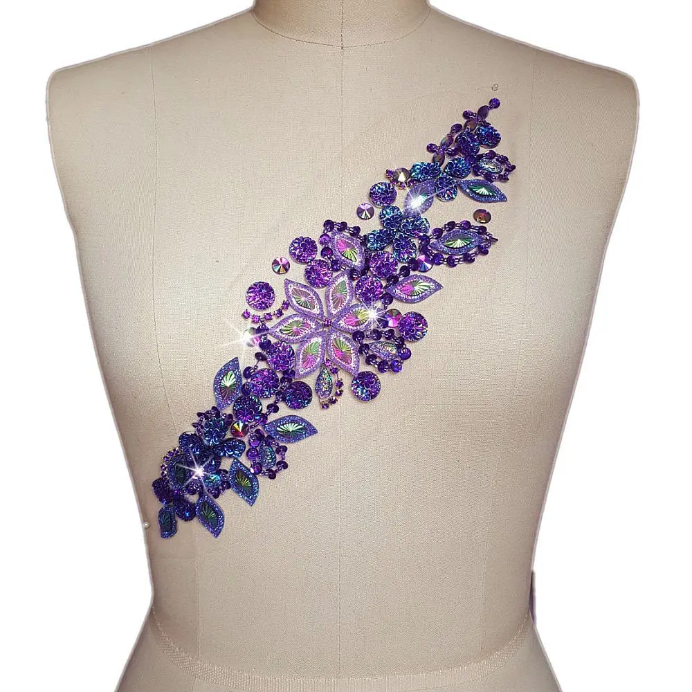 succi shan Fabric Applique Patch 3.9x14.2 inches | Bright Crystal Embroidered Floral Rhinestone Patch - view 2