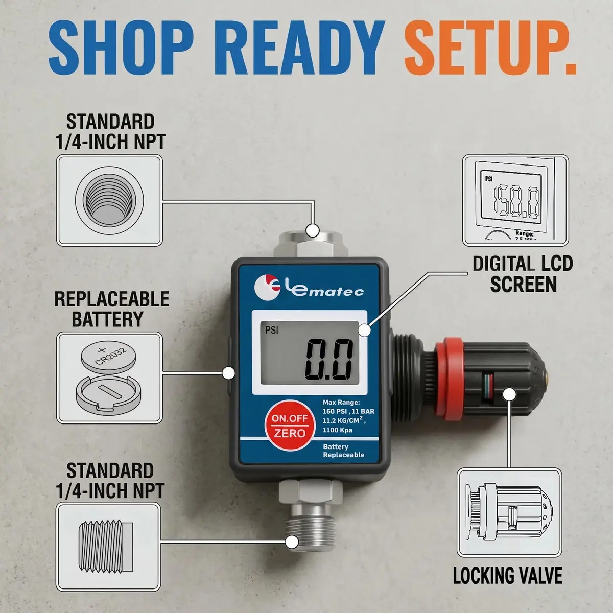 LE LEMATEC DAR03B Digital Air Regulator with Locking Valve & Gauge | 1/4 NPT Inline, 160 PSI - view 5