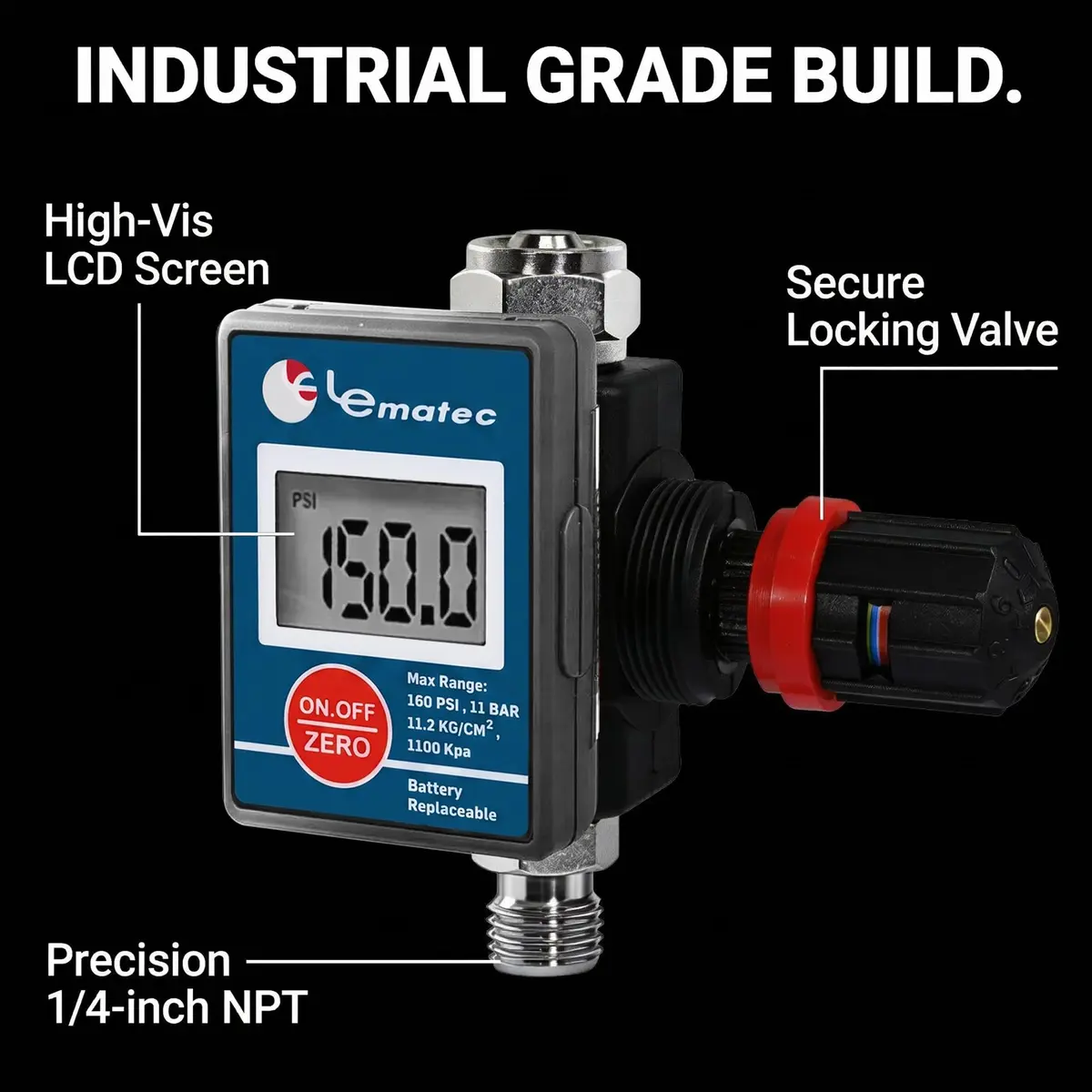 LE LEMATEC DAR03B Digital Air Regulator with Locking Valve & Gauge | 1/4 NPT Inline, 160 PSI - view 4