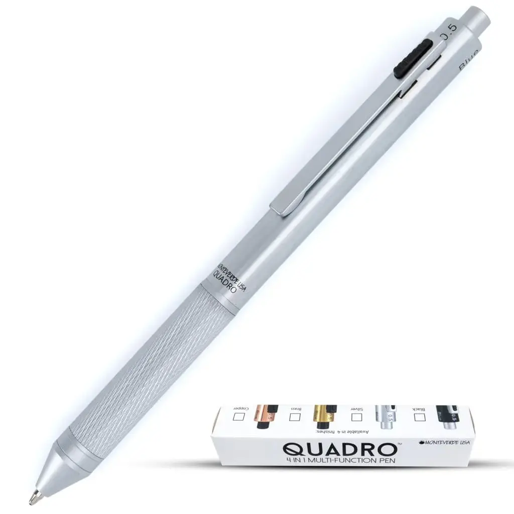 Monteverde Quadro 4-in-1 Multifunction Pen - Silver Finish - 13.5cm (5.3in) | Solid Brass Barrel with Knurled Grip - main product image