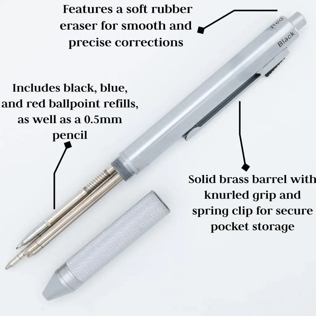 Monteverde Quadro 4-in-1 Multifunction Pen - Silver Finish - 13.5cm (5.3in) | Solid Brass Barrel with Knurled Grip - view 4