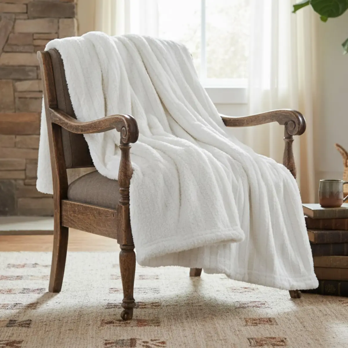 Tache Home Fashion White Blanket 90x90 in Ivory | Super Soft Faux Fur & Sherpa - main product image