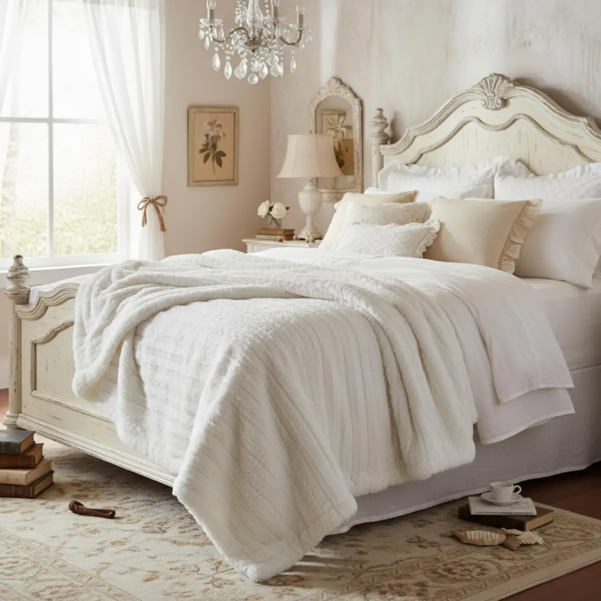 Tache Home Fashion White Blanket 90x90 in Ivory | Super Soft Faux Fur & Sherpa - view 3