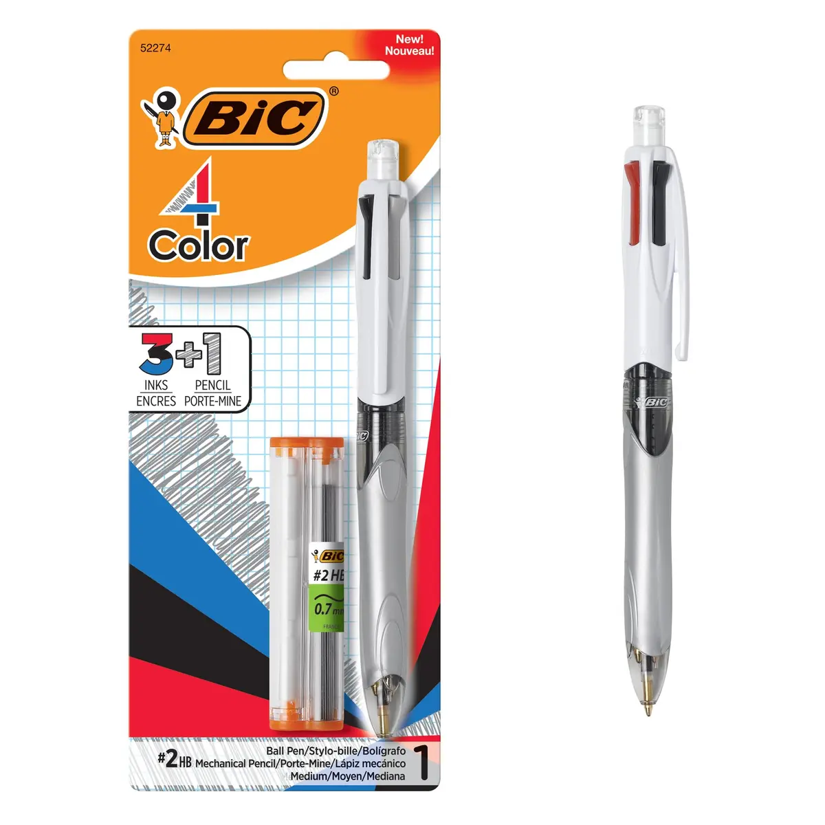 BIC 4-Color 3+1 Retractable Ballpoint Pen & Pencil 0.7mm | Smooth Ink Flow Writing Instrument - main product image