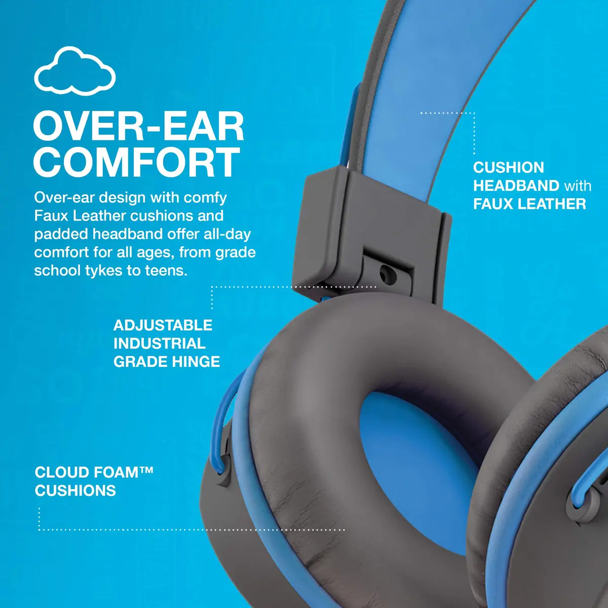 JLab JBuddies Studio On-Ear Kids Wired Headphones with Mic, 40mm Drivers, 85dB Volume Safe, Noise Isolation, Graphite/Blue - view 5