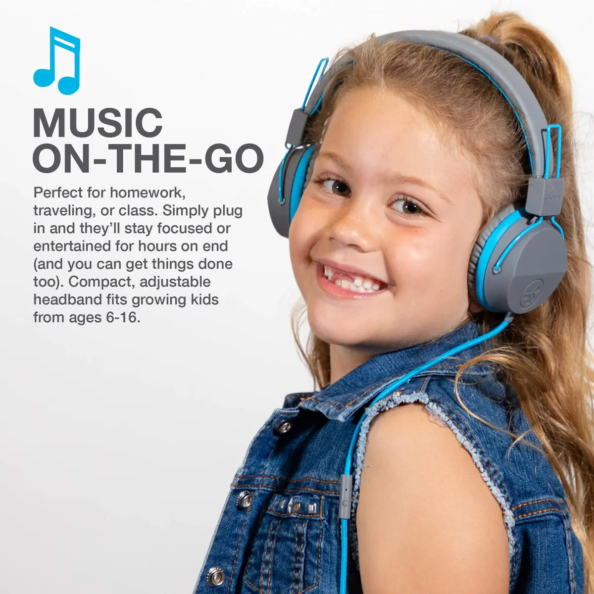 JLab JBuddies Studio On-Ear Kids Wired Headphones with Mic, 40mm Drivers, 85dB Volume Safe, Noise Isolation, Graphite/Blue - view 6