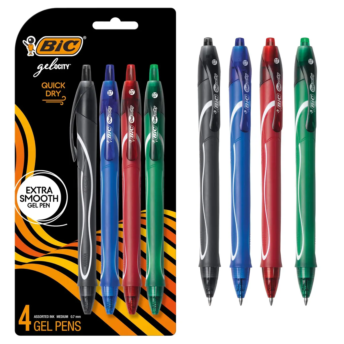 BIC Gelocity Quick Dry Gel Pens, Medium Point 0.7mm, 4-Count Pack | Smear Resistant Ink for Left-Handed Writers - main product image