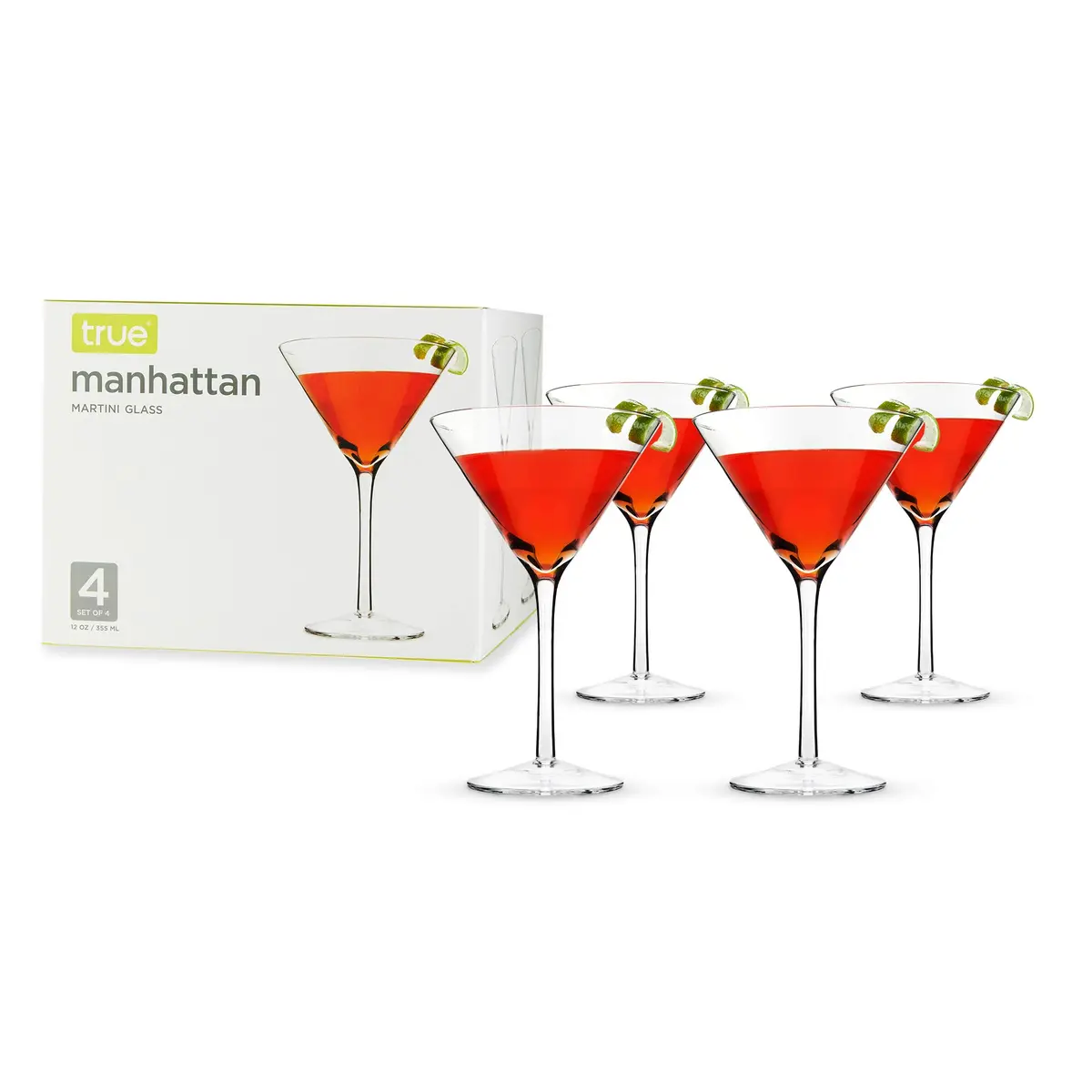 TRUE Manhattan Martini Glass, Crystal Cocktail Coupes, 12 oz, Set of 4 | Classic Triangular Design for Elegant Entertaining - main product image