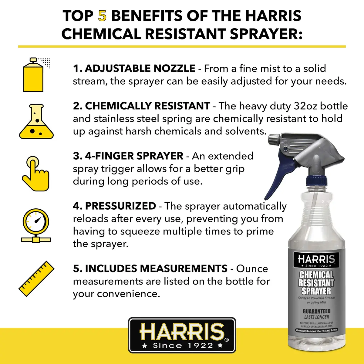 HARRIS Chemically Resistant Spray Bottle 32oz | Heavy Duty Lab & Scientific Use - view 3