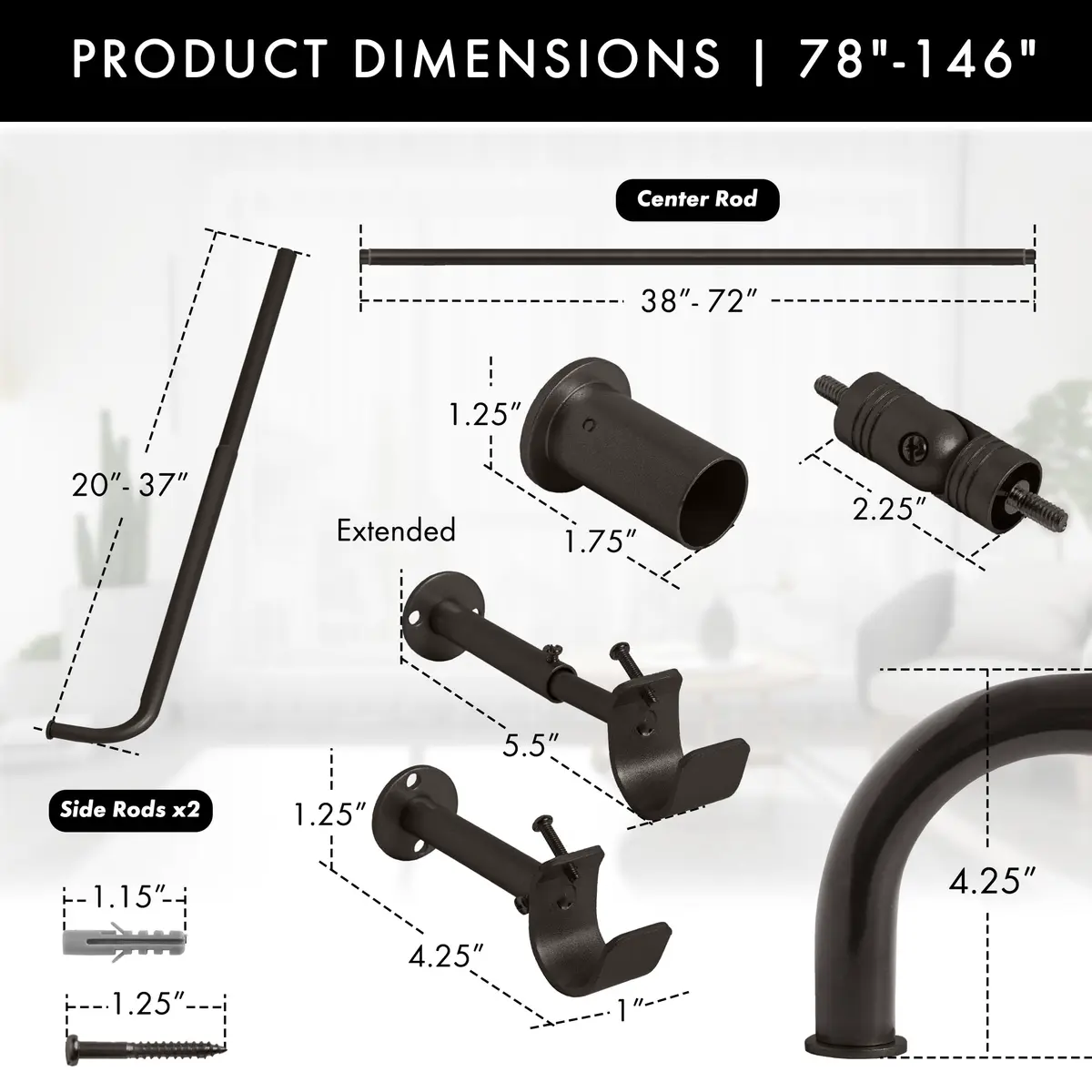 MERIVILLE 1-Inch Diameter Bay Window Curtain Rod Set for Bayview Windows, Oil-Rubbed Bronze | Durable Metal, Extendable, Complete System - view 5