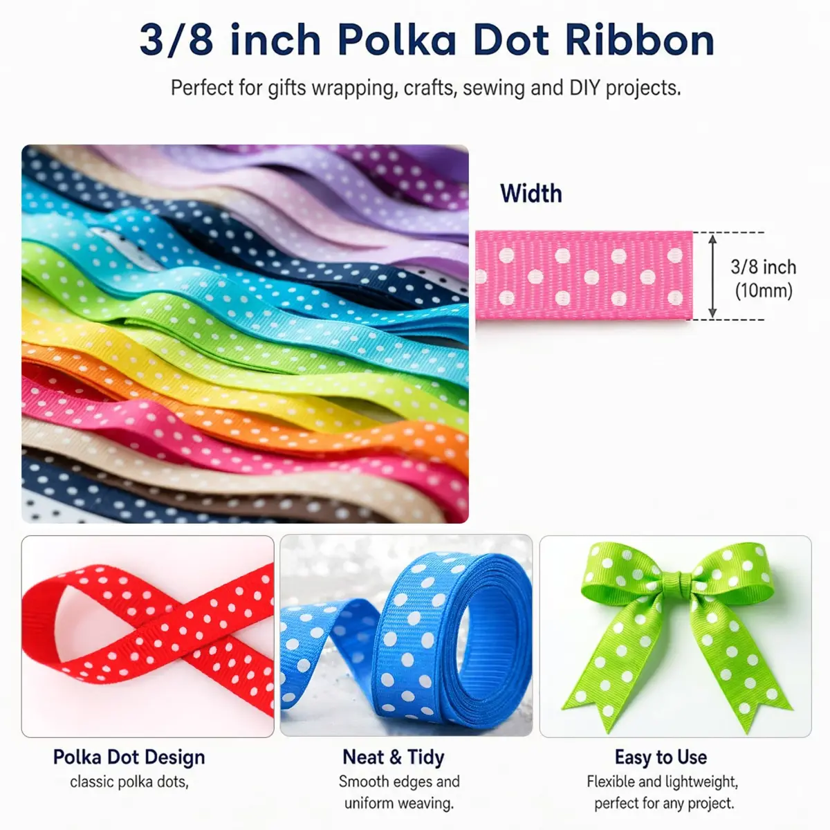 QingHan Polka Dot Grosgrain Ribbon 3/8" (9.5mm) | 40 Yards Assorted Colors for Crafts & Gifts - view 2