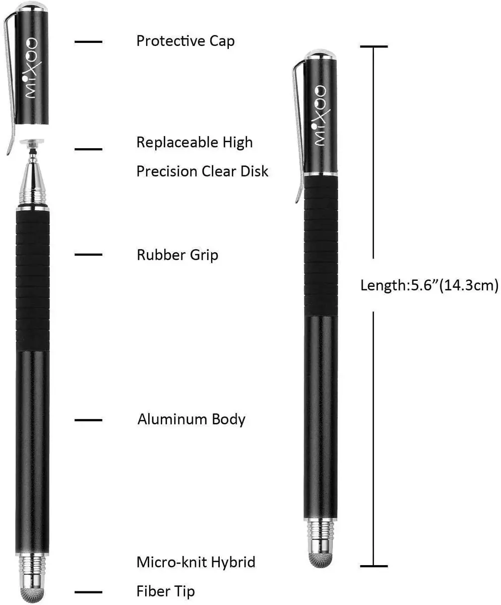 Mixoo 2-in-1 Disc & Fiber Tip Stylus Pen for Touchscreens | Precision Input Pen for iPad, iPhone, Android, Chromebook (Black) - view 5