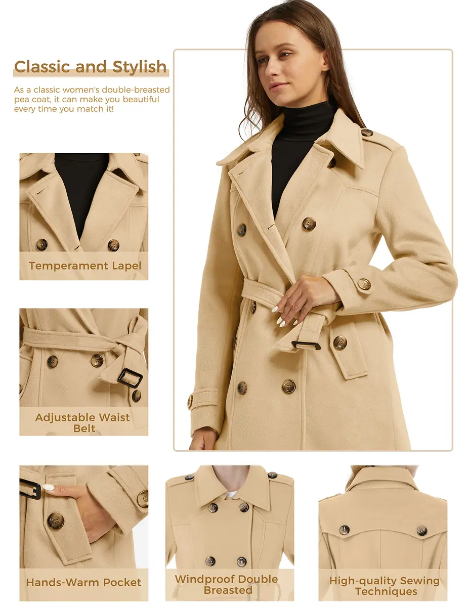 wantdo Women’s Double Breasted Pea Coat Khaki S | Windproof & Stylish Winter Coat - view 5