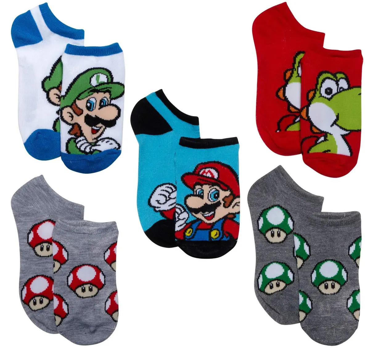 Nintendo Super Mario 5 Pack No Show Socks | No Bunching, Breathable Polyester Blend, Fun Character Design - main product image