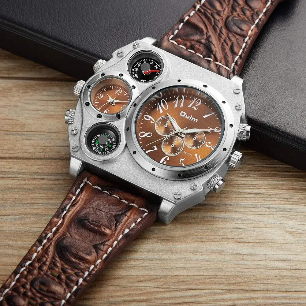 Avaner Men's Dual Time Zone Watch 58mm (2.3in) with Brown Leather Strap | Oversized Analog Quartz - view 3