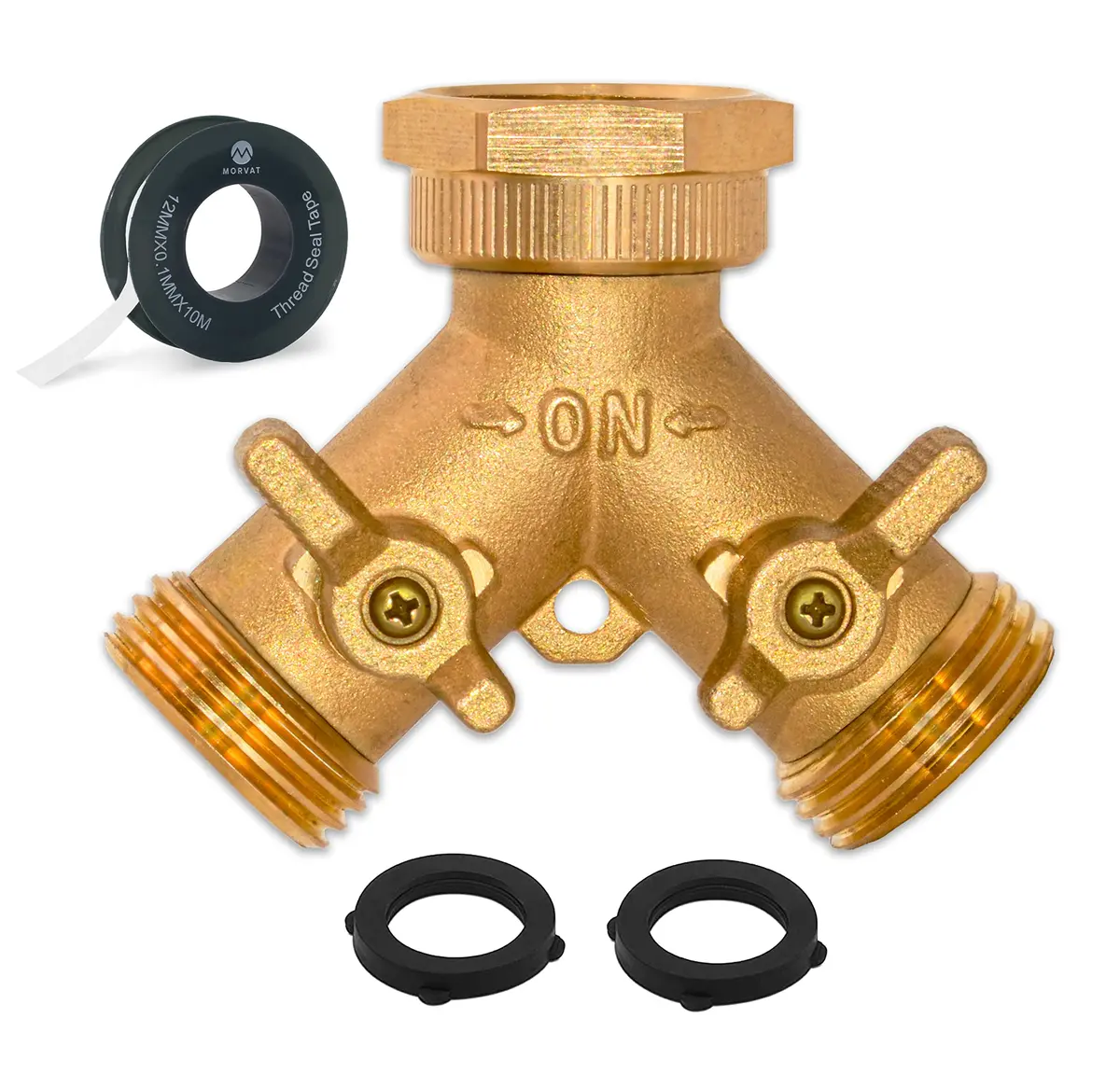 Morvat Brass Heavy-Duty Garden Hose Water Splitter | LEAD-FREE 2-Way Y Splitter for Water Spigot & Faucet | Manifold Connector ON/OFF Valves with Comfort Grip, 3 Washers & Teflon Tape - main product image