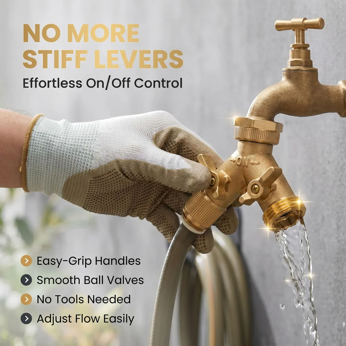 Morvat Brass Heavy-Duty Garden Hose Water Splitter | LEAD-FREE 2-Way Y Splitter for Water Spigot & Faucet | Manifold Connector ON/OFF Valves with Comfort Grip, 3 Washers & Teflon Tape - view 6