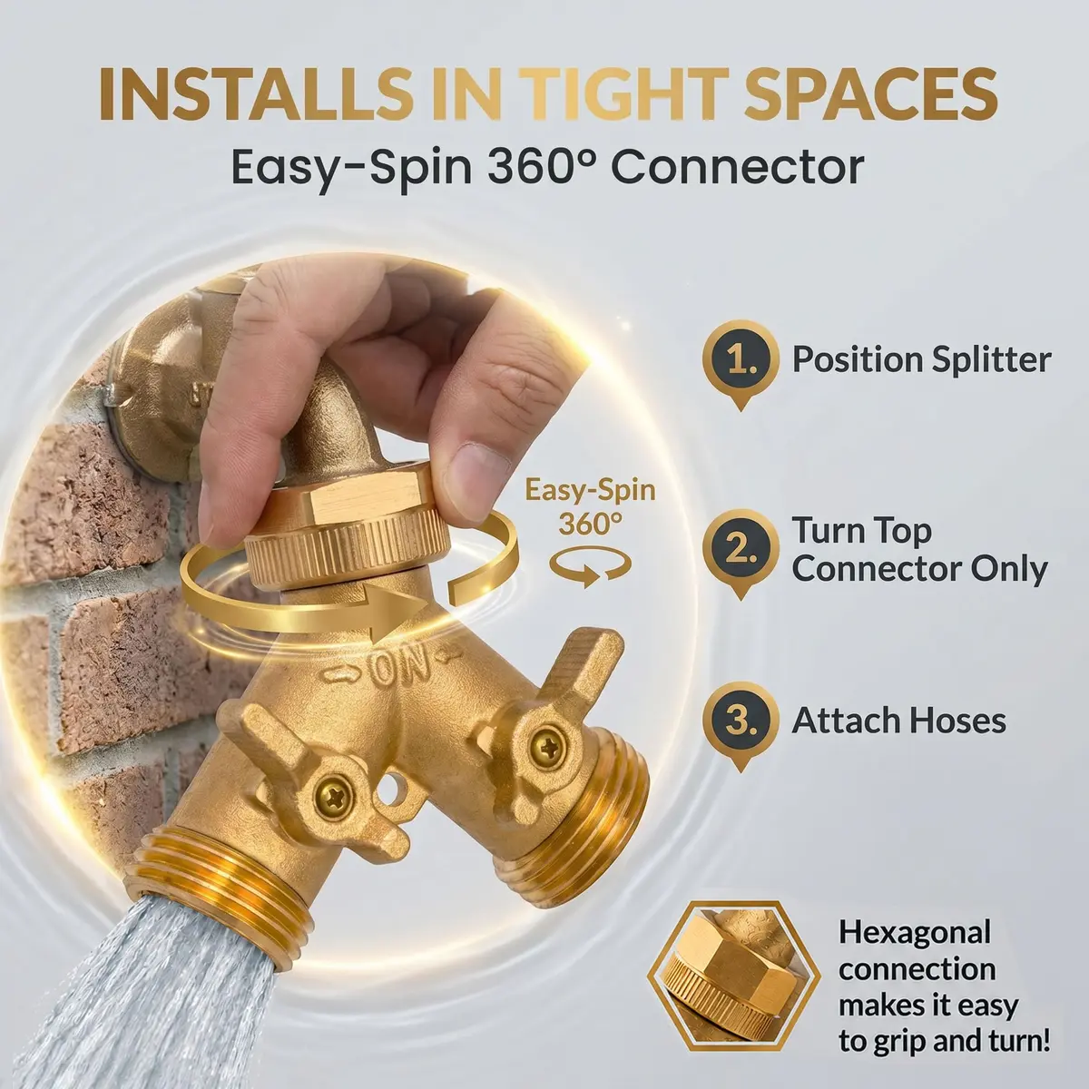 Morvat Brass Heavy-Duty Garden Hose Water Splitter | LEAD-FREE 2-Way Y Splitter for Water Spigot & Faucet | Manifold Connector ON/OFF Valves with Comfort Grip, 3 Washers & Teflon Tape - view 2
