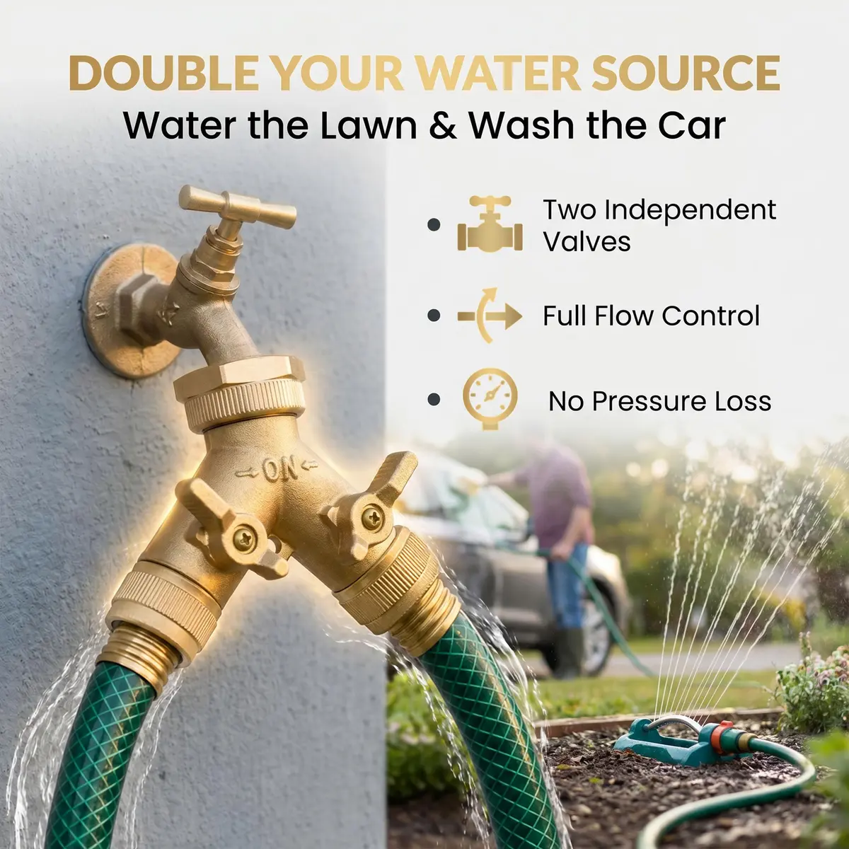 Morvat Brass Heavy-Duty Garden Hose Water Splitter | LEAD-FREE 2-Way Y Splitter for Water Spigot & Faucet | Manifold Connector ON/OFF Valves with Comfort Grip, 3 Washers & Teflon Tape - view 3