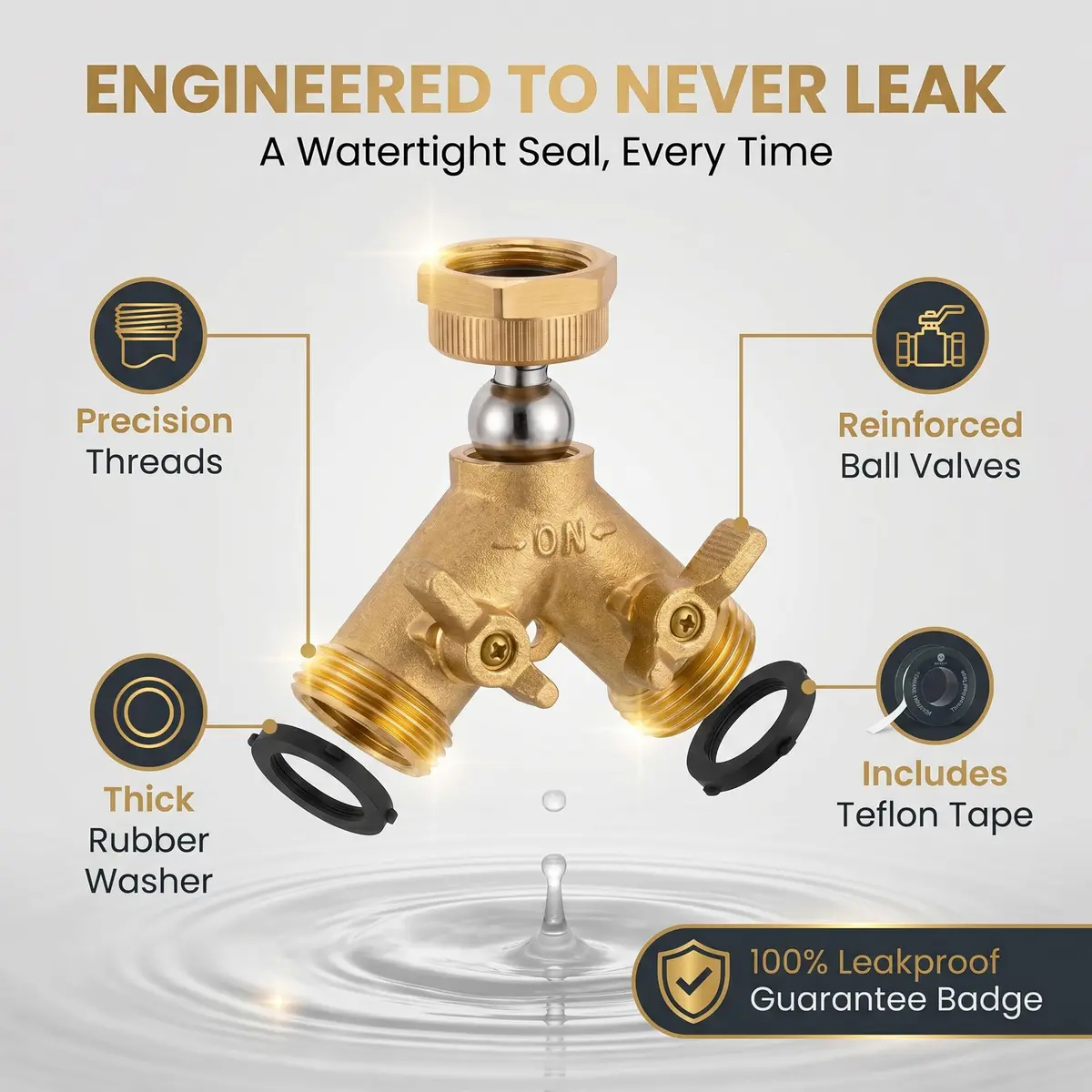 Morvat Brass Heavy-Duty Garden Hose Water Splitter | LEAD-FREE 2-Way Y Splitter for Water Spigot & Faucet | Manifold Connector ON/OFF Valves with Comfort Grip, 3 Washers & Teflon Tape - view 4