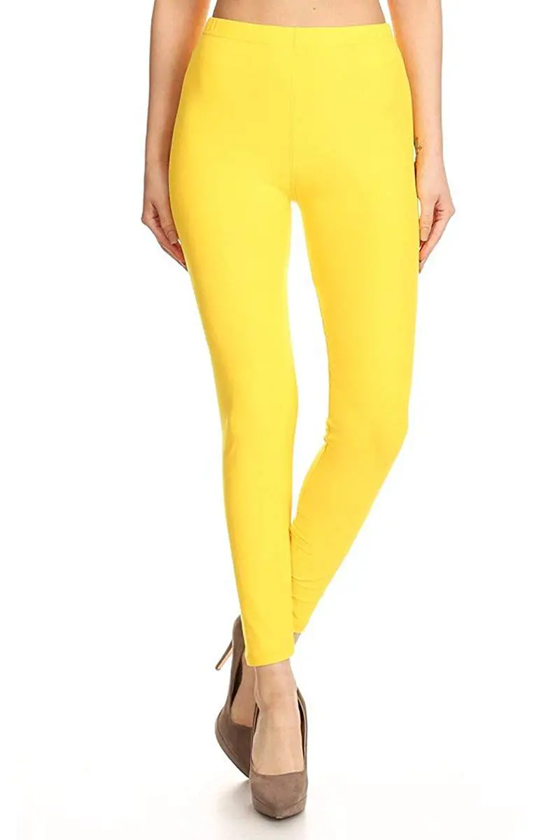 Leggings Depot Womens 1" Waistband High Waisted Solid Leggings Pants (Full Length, Yellow, One Size) - view 2