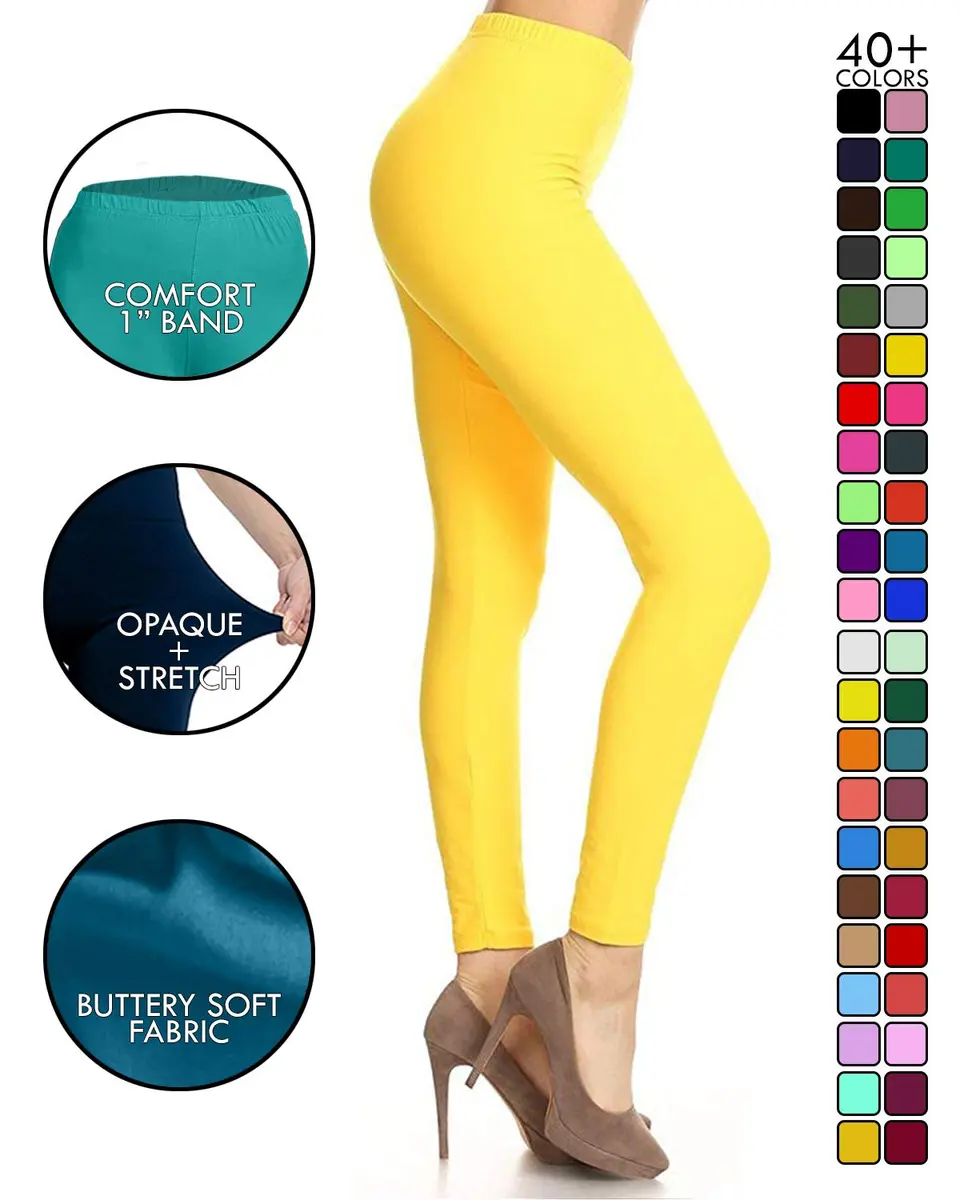 Leggings Depot Womens 1" Waistband High Waisted Solid Leggings Pants (Full Length, Yellow, One Size) - view 3