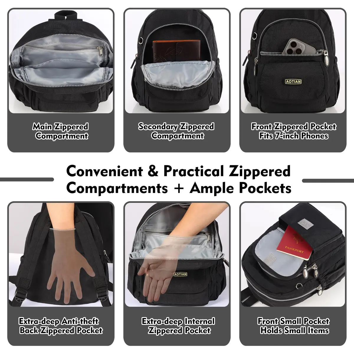 AOTIAN Mini Backpack for Women, Lightweight Nylon Small Daypack | Compact & Durable - view 4