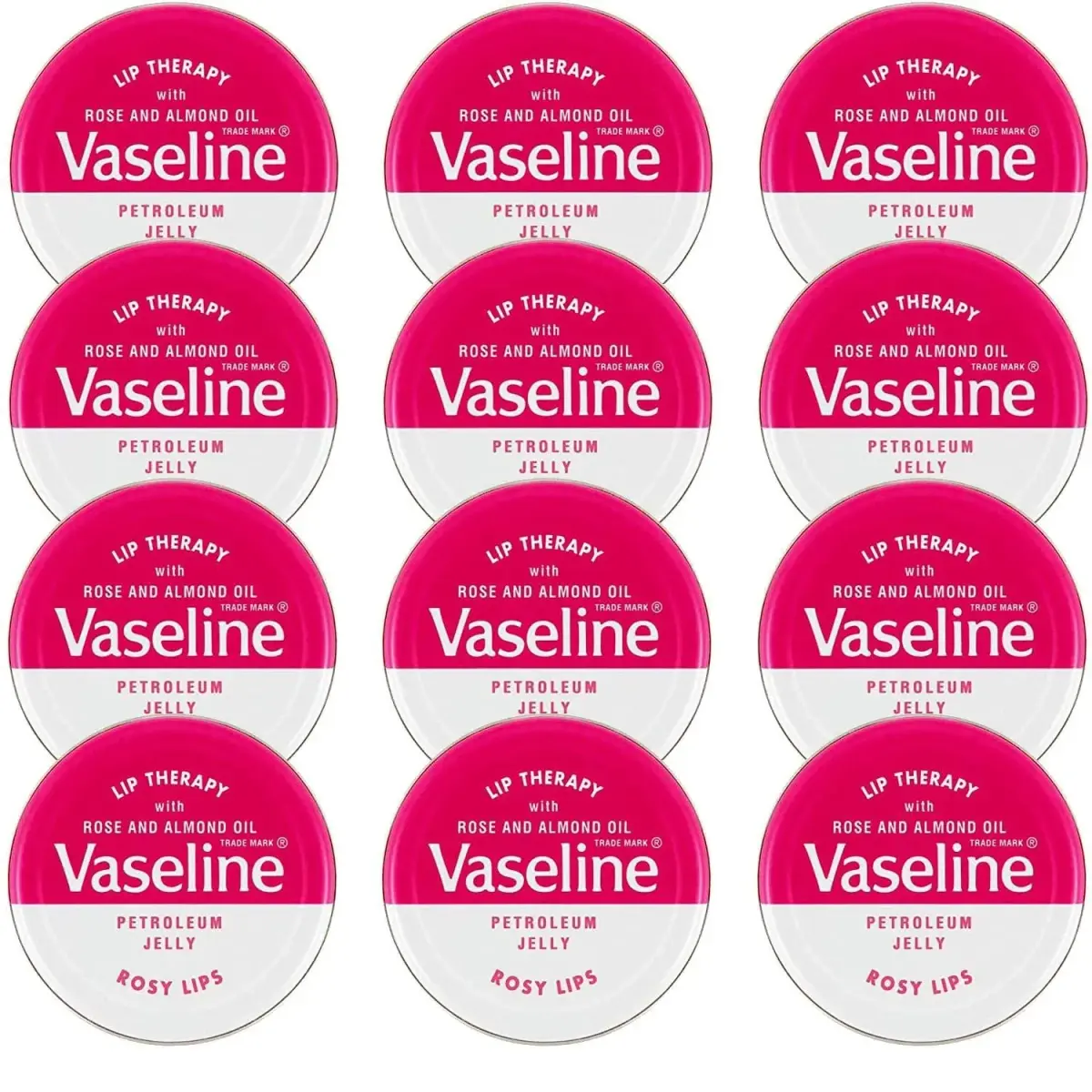 Vaseline Rosy Lips Lip Balm Tin, 0.7 Oz (Pack of 12) - For Soft, Pink-Tinted Lips - main product image