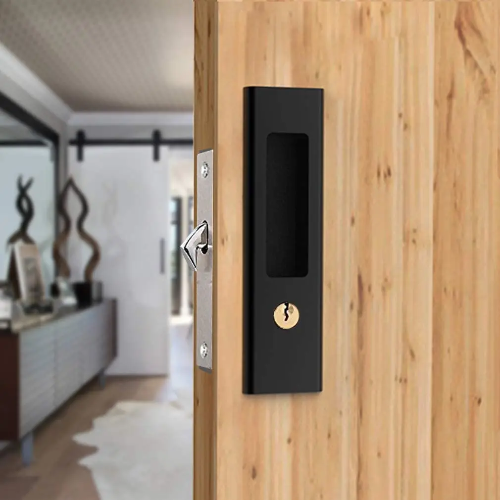CCJH Matte Black Pocket Door Lock Hardware with Key, Zinc Alloy L-Shaped Latch 160mm x 45mm | Modern Interior Privacy Furniture Hardware - main product image