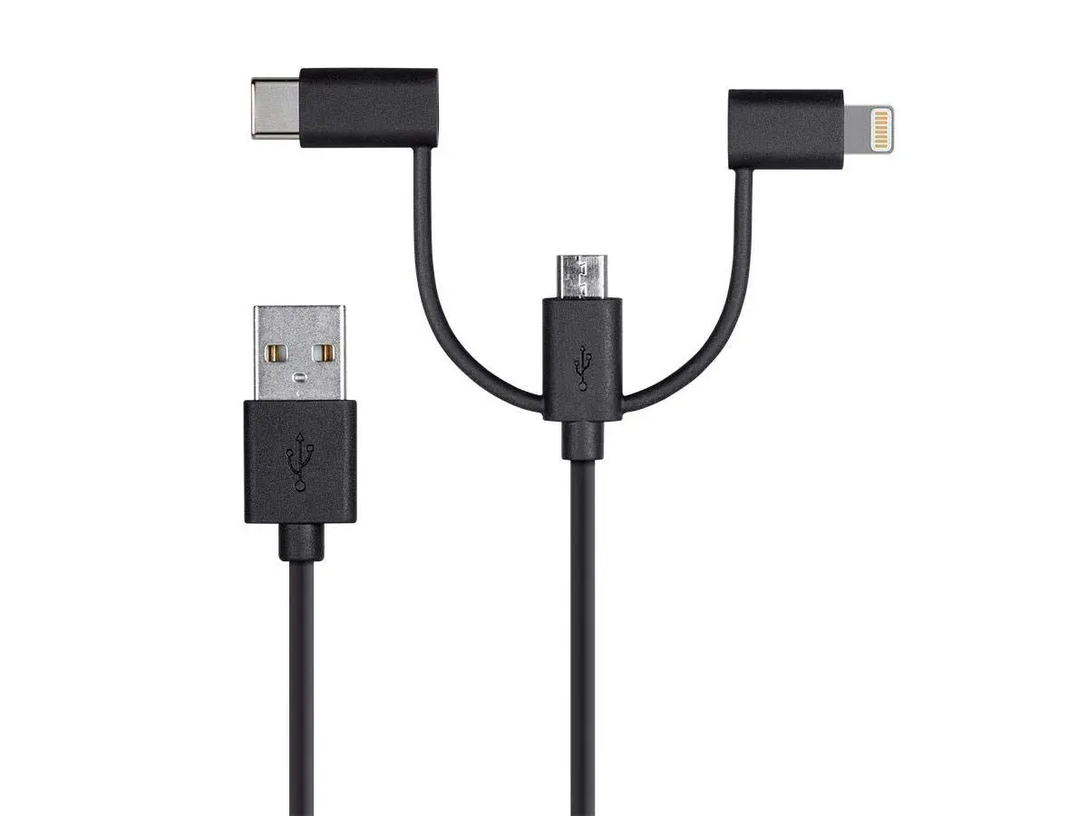 Monoprice 118789 Apple MFi Certified USB to Micro USB + USB Type-C + Lightning Cable 3ft Black - main product image