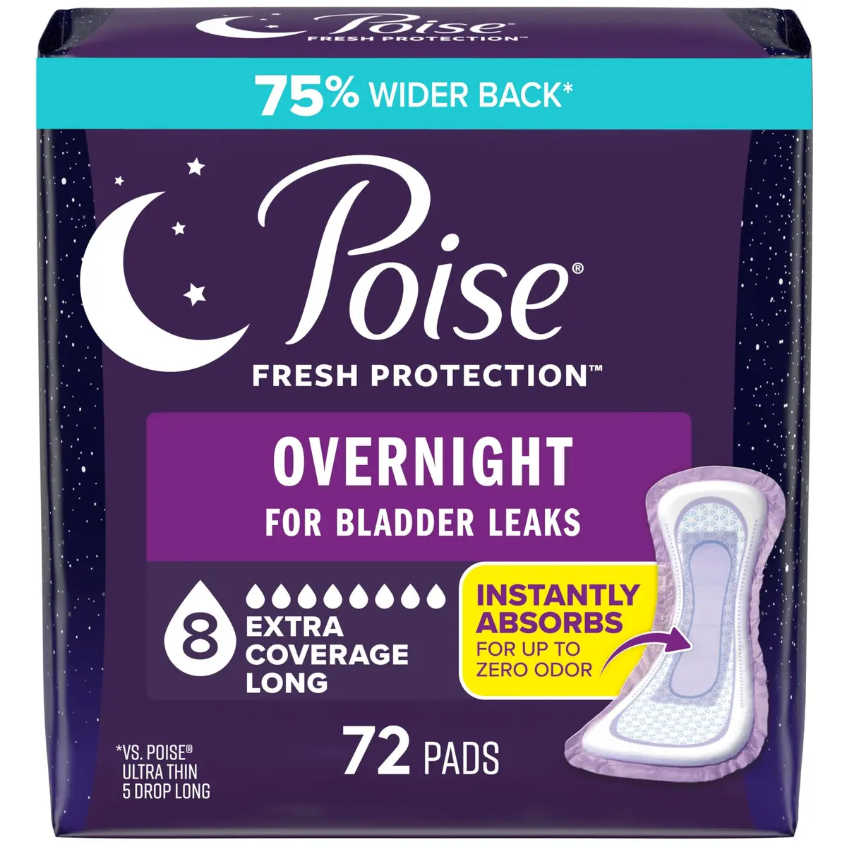 Poise Overnight Incontinence & Postpartum Pads for Bladder Leaks, 72 Count | Extra Coverage for Worry-Free Nights - main product image