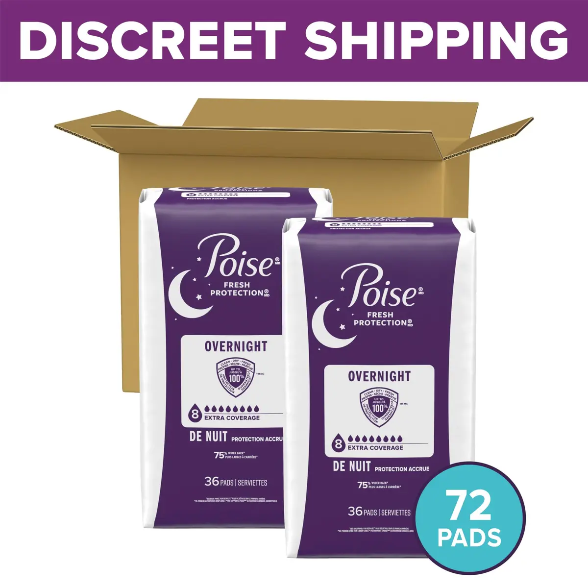 Poise Overnight Incontinence & Postpartum Pads for Bladder Leaks, 72 Count | Extra Coverage for Worry-Free Nights - view 2