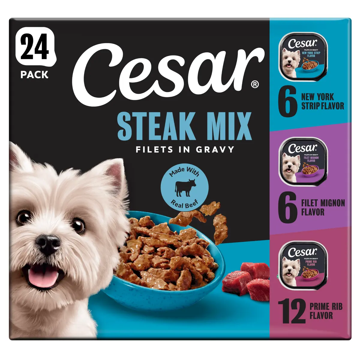 Cesar Filets in Gravy Wet Dog Food, Steak Mix Variety, 3.5 oz | Real Meat, Complete & Balanced for Adult Dogs - main product image