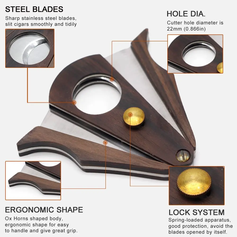 G GALINER Cigar Cutter Guillotine Double Blade Stainless Steel & Zebra Wood with Lock System | 22mm Cut Hole - view 2