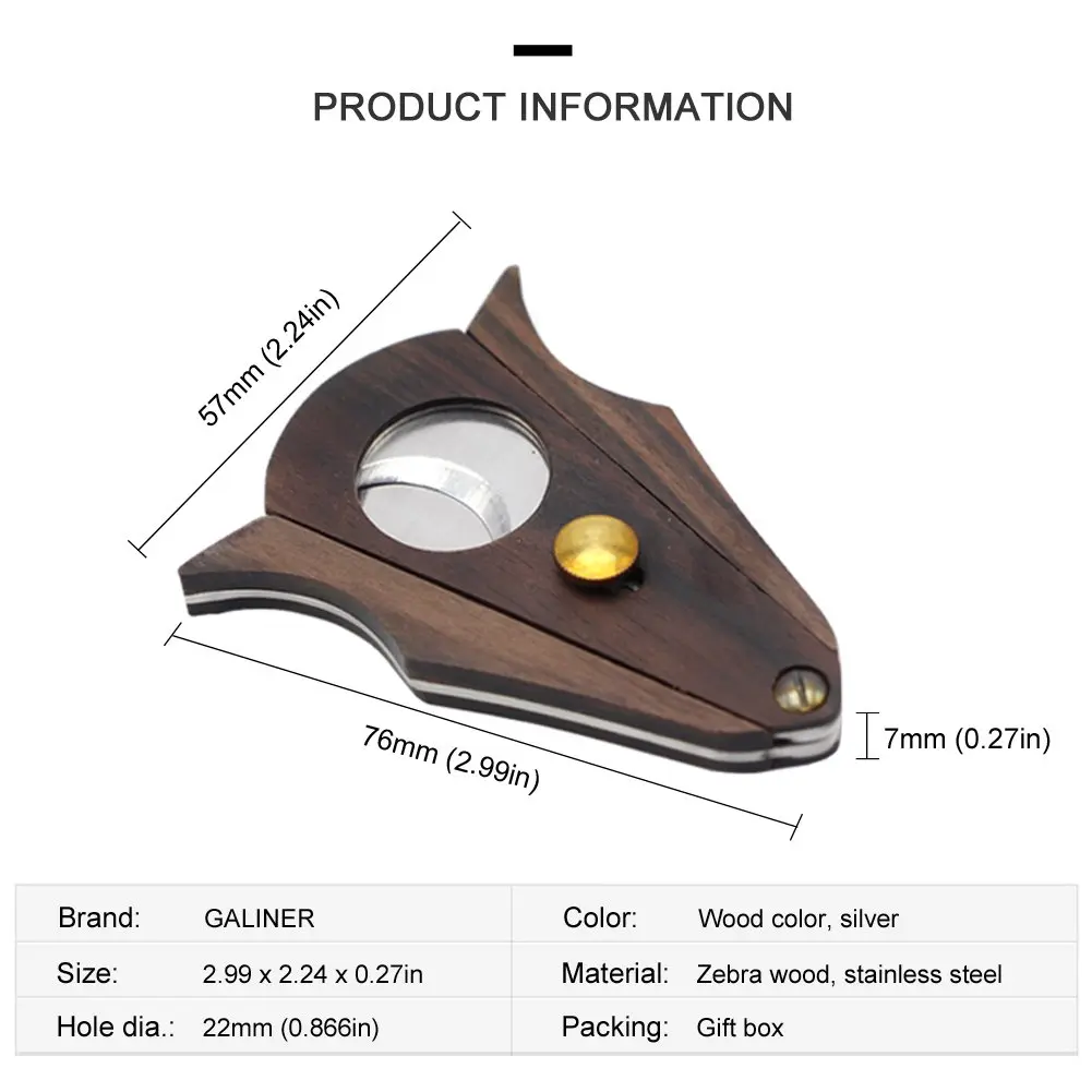 G GALINER Cigar Cutter Guillotine Double Blade Stainless Steel & Zebra Wood with Lock System | 22mm Cut Hole - view 3