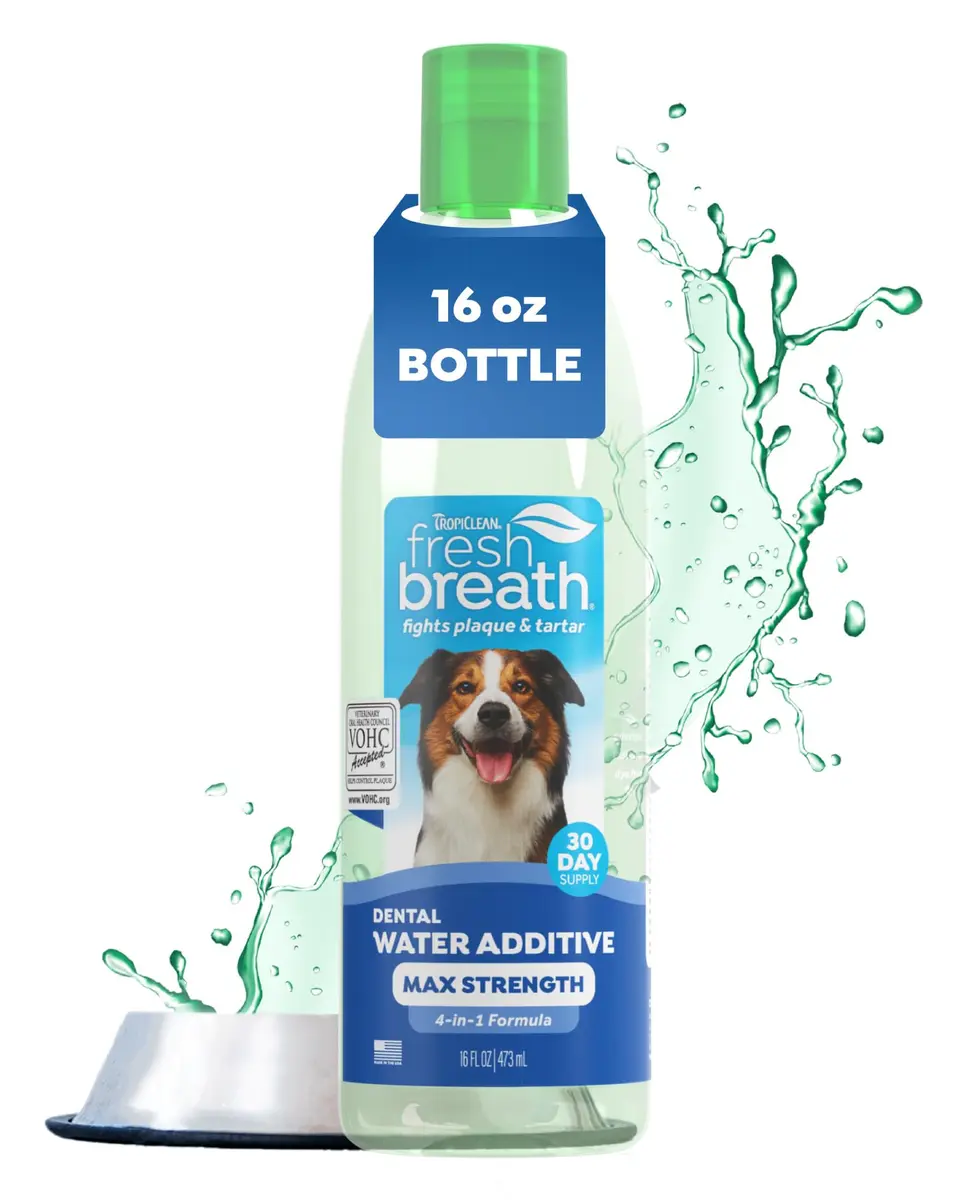 TropiClean Fresh Breath Max Strength Dog Teeth Cleaning Water Additive 473ml (16 fl oz) | VOHC Accepted for Plaque & Tartar Control - main product image