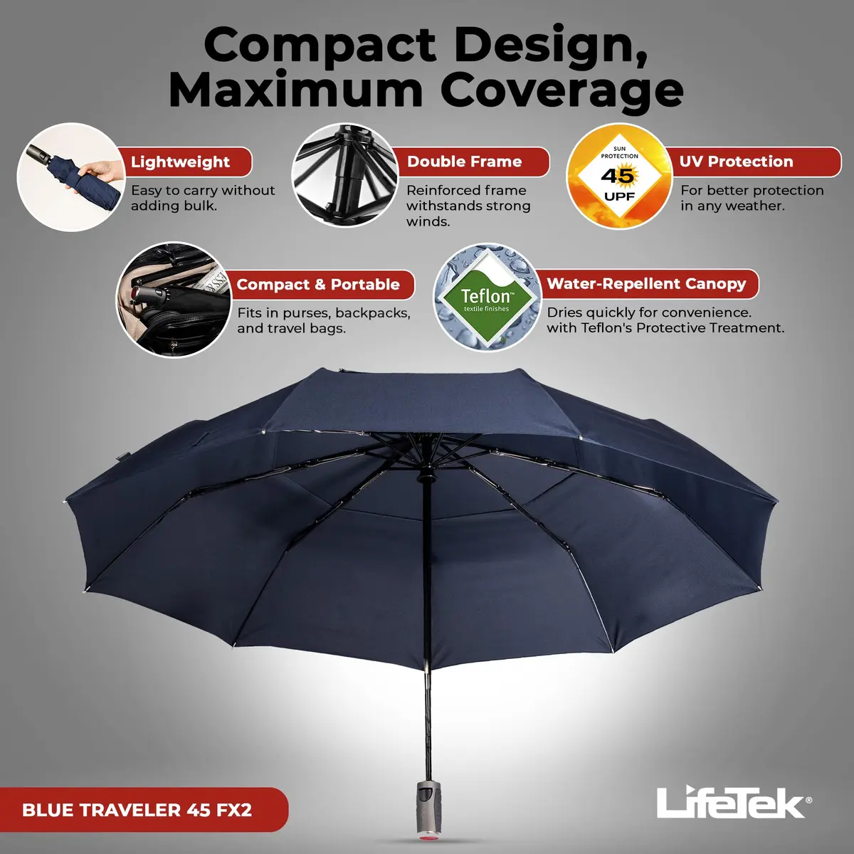 LifeTek Traveler 45 FX2 Windproof Travel Umbrella | Compact, UV Protection & Heavy Duty Frame - view 2