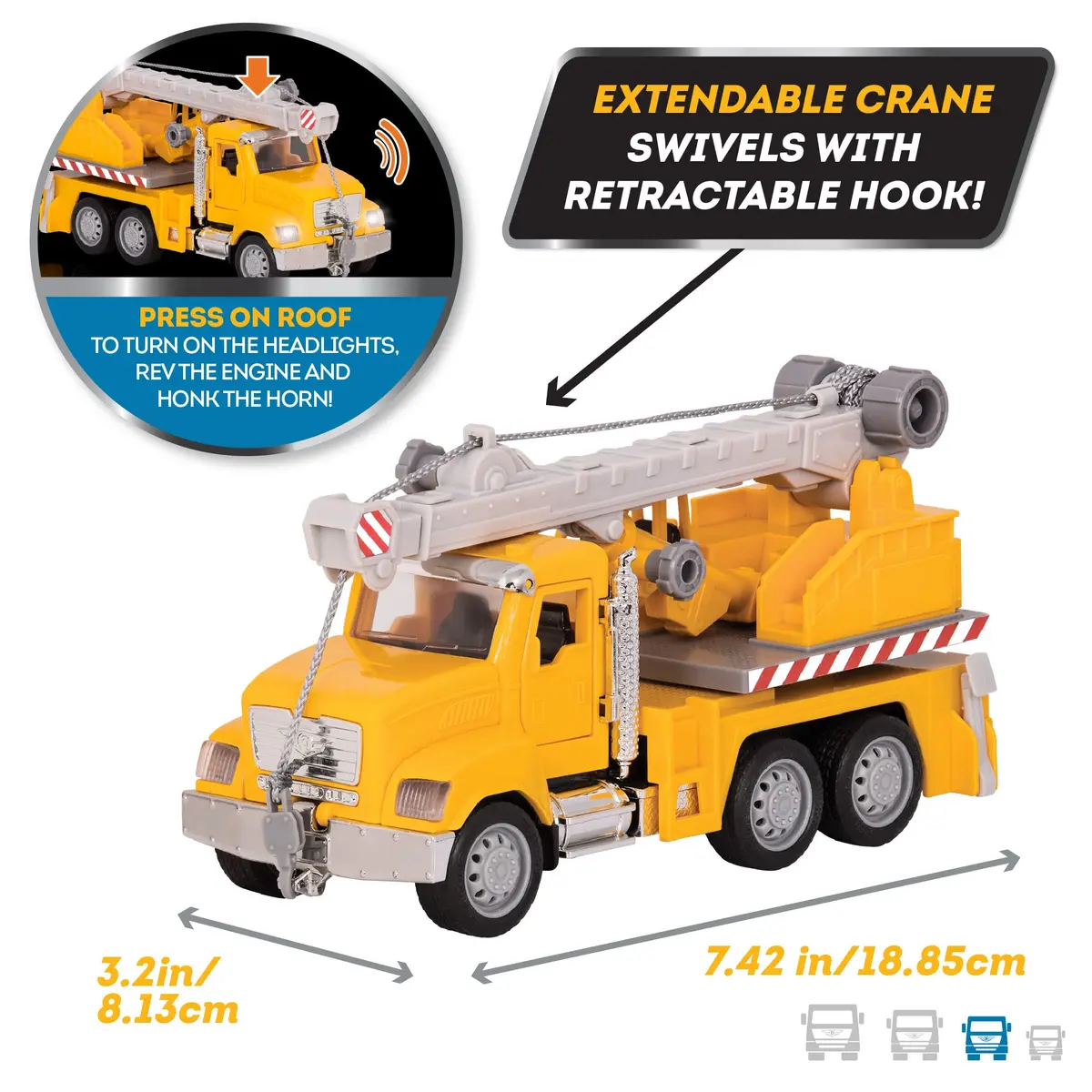 Driven by Battat Crane Truck Toy with Lights & Sounds, Movable Parts, 16.5 cm (6.5 Inches) | ASTM-Tested Construction Vehicle for Kids 3+ - view 2