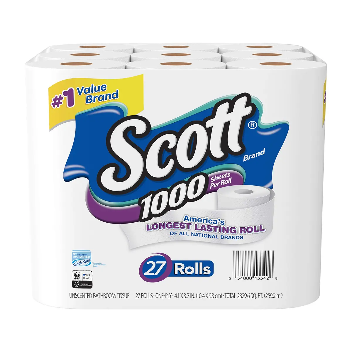 Scott 1000 Sheets Per Roll Toilet Paper, 27 Rolls (Pack of 1) | Septic Safe Bath Tissue - main product image