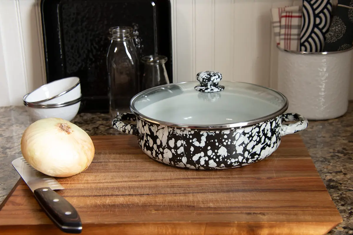 Golden Rabbit Enamelware Saute Pan, 3 quart | Black Swirl Porcelain Enamel Finish, Oven & Induction Safe - view 3