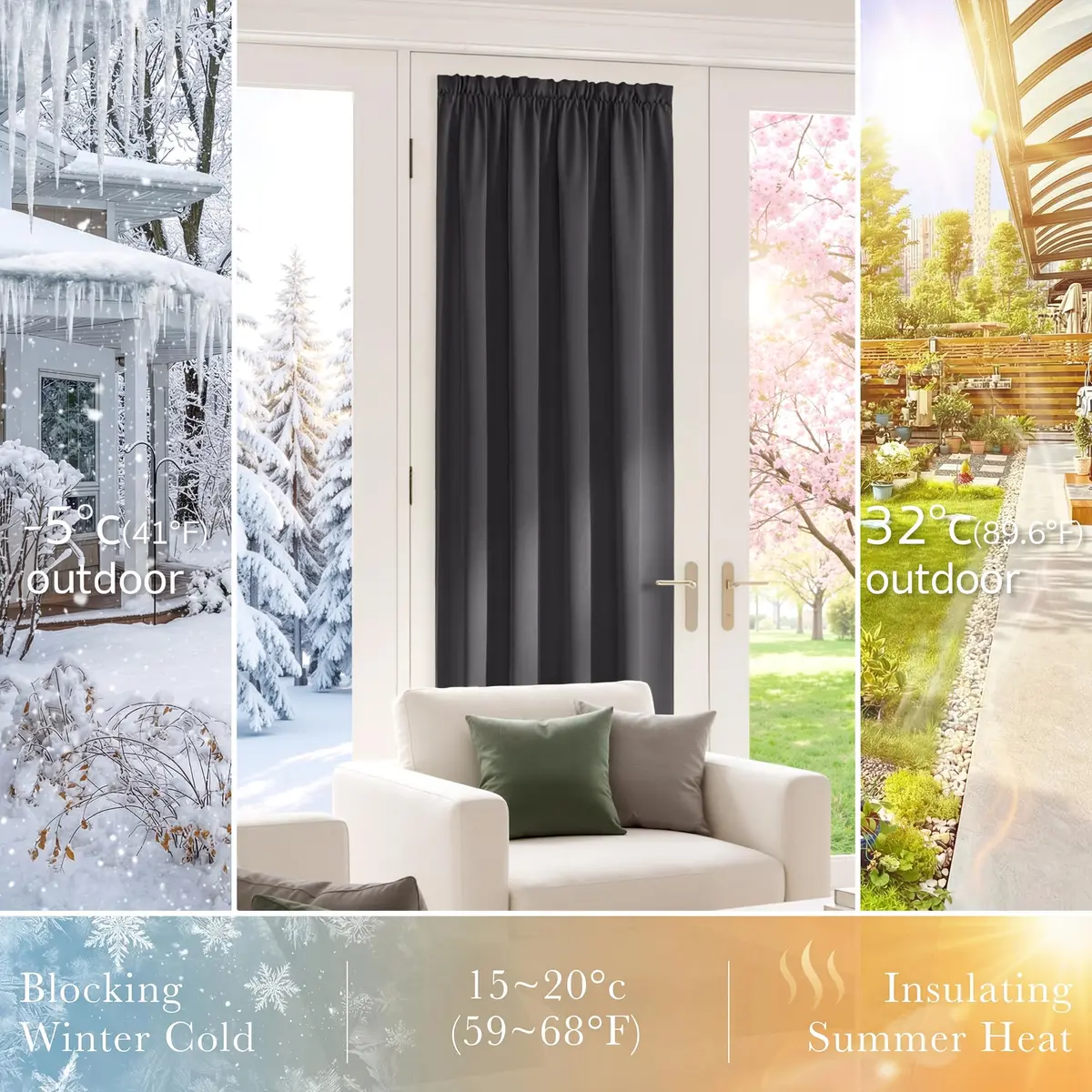 PONY DANCE Gray Door Curtain 54" W x 72" L | Blackout Privacy Panel with Tieback - view 4