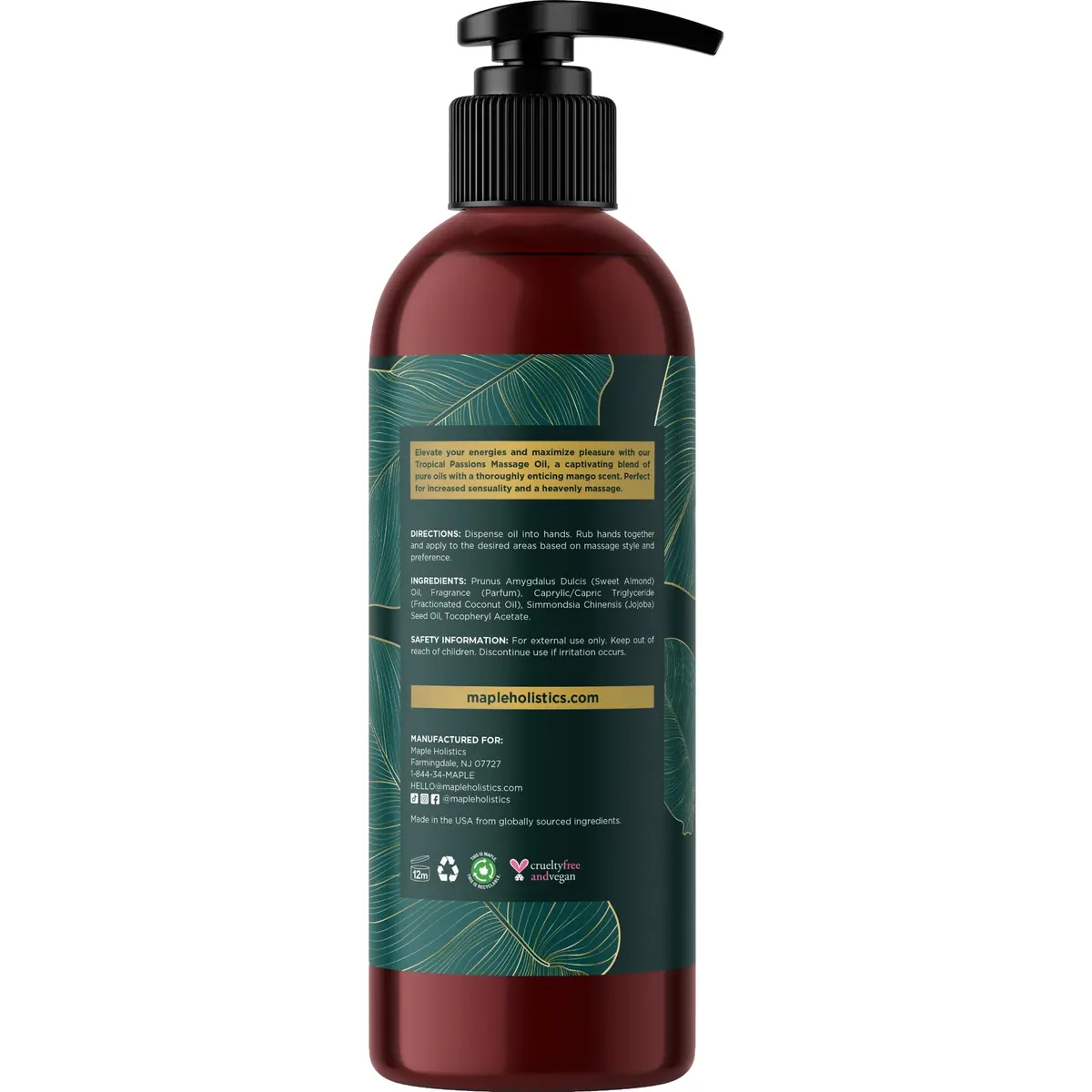 Maple Holistics Tropical Sensual Massage Oil 8 Fl Oz | Coconut & Sweet Almond with Mango Scent, Vegan & Gluten-Free - view 4