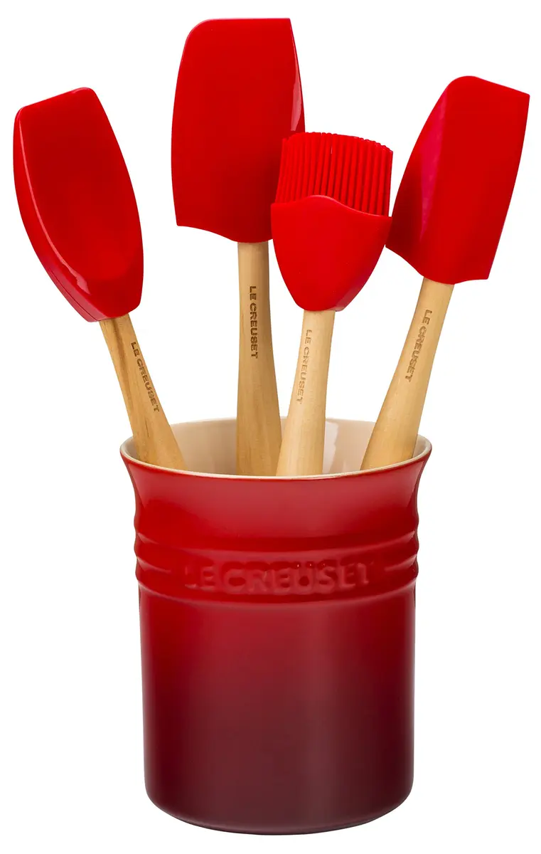 Le Creuset Stoneware & Silicone 5pc Utensil Crock Set Cerise | 1 Quart (295 ml) Capacity - main product image